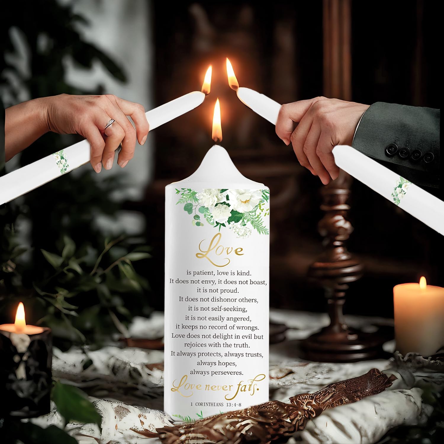 3 Unity Floral Candles for Wedding Ceremony Set with Gold Candle Holders, Bible Wedding Unity Set – Elegant Gift for Bride, Groom, Religious or Catholic Weddings