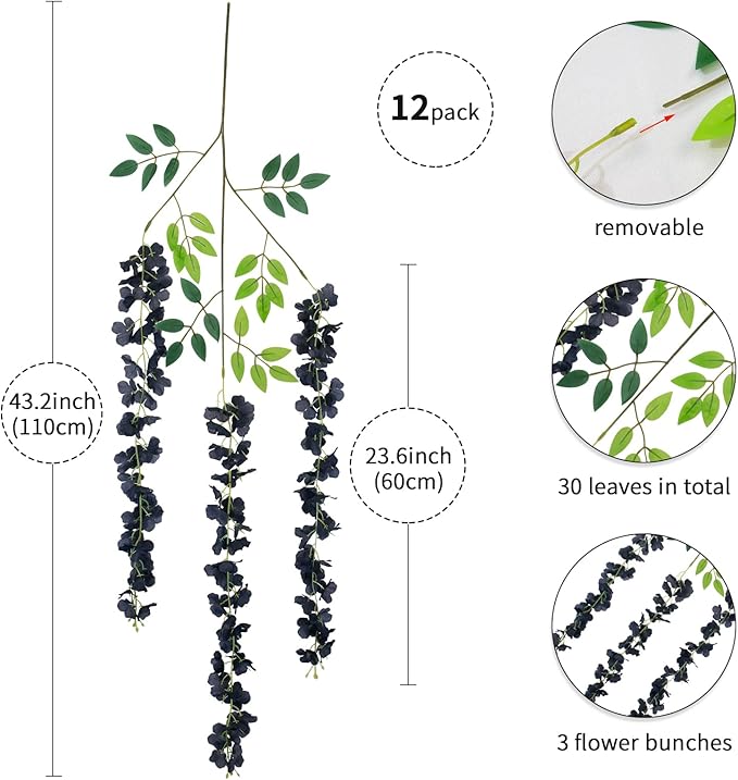 12 Pack Artificial Wisteria Hanging Flowers Fake Wisteria Flower Garland Silk Vines Rattan Decor for Home Wedding Arch Wall Garden Greenery Bedroom Outdoor Office Party Decoration (Black)