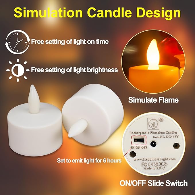 HL Rechargeable Tea Lights with Remote & Charging Base,12pcs 50+Hours Rechargeable Battery Operated Tea Lights Timer, LED Votive TeaLights Flameless Candles Yellow Light for Wedding Home Party Decor