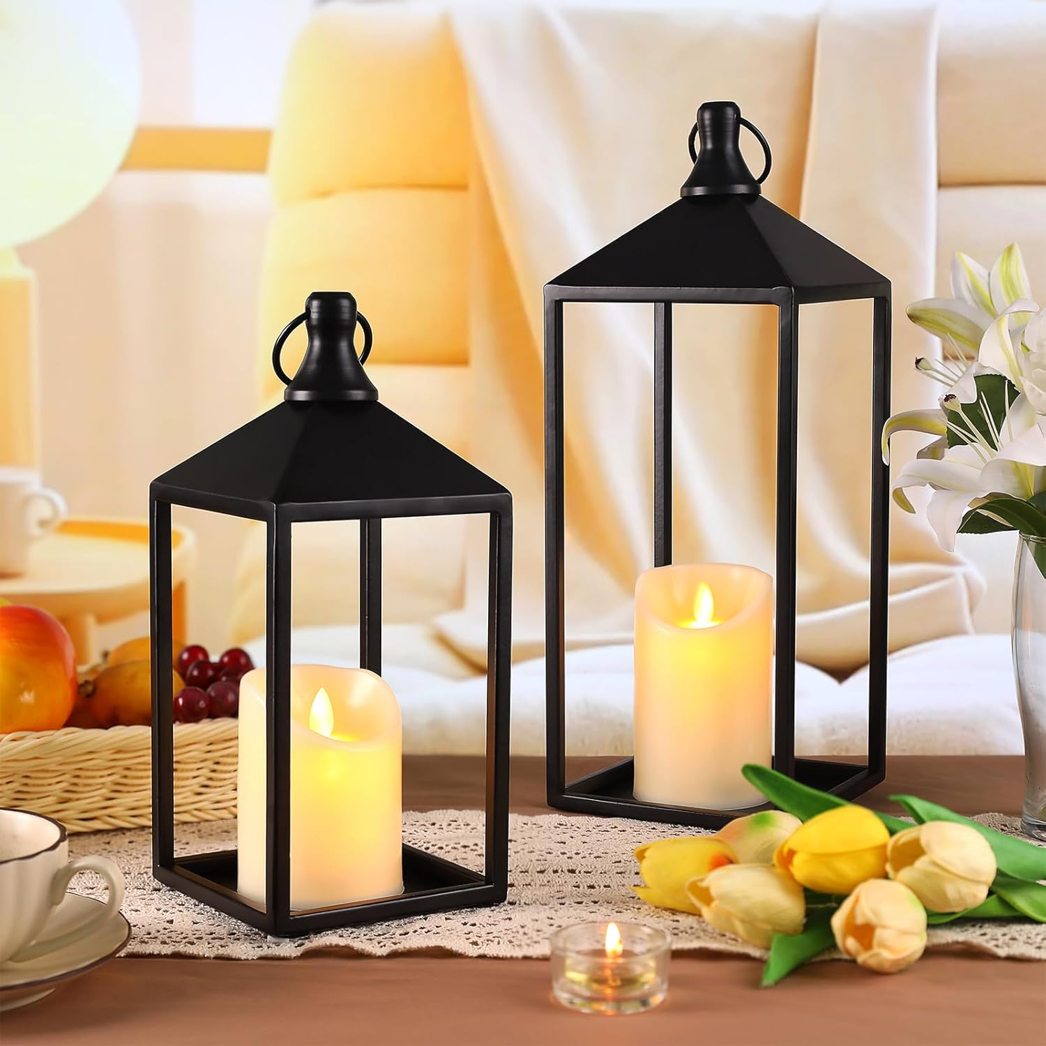 MATAHUM 2pcs Farmhouse Lantern Decor with LED Flickering Flameless Candles - Black Metal Lanterns Decorative for Home Decor, Fireplace Mantle or Table Centerpiece, Halloween Christmas Lantern Decor