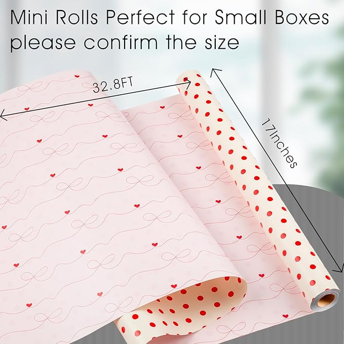 Flyhill Polka Dot Wrapping Paper,Reversible Pink Beige Elegant Heart & Bow Gift Wrap Suitable for Birthday,Girls,Baby Shower,Wedding (17 Inch X 32.8 Feet)