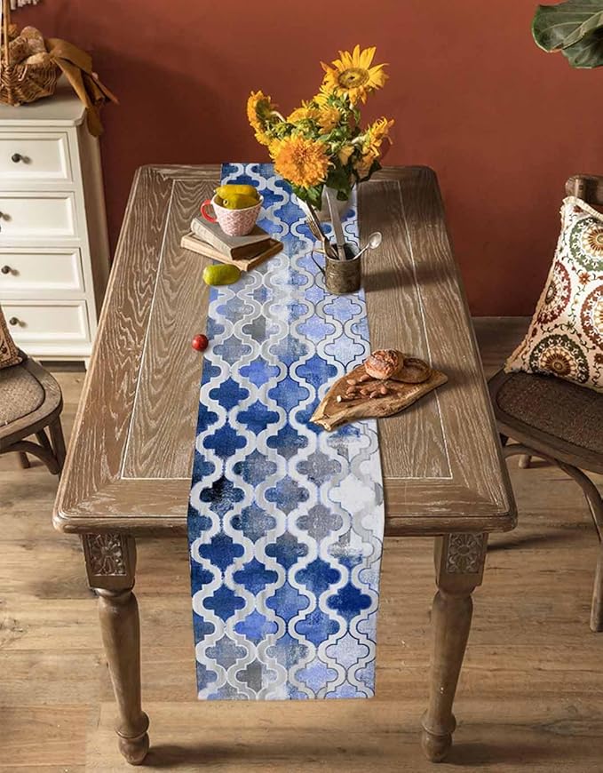 Blue Morocco Plaid Cotton Linen Table Runner for Dining Kitchen, Wedding Outdoor Party Tablerunners Decoration, Distressed Abstract Painted Vintage Dresser Scarf Coffee Tablecloth Runners 13x90 Inches
