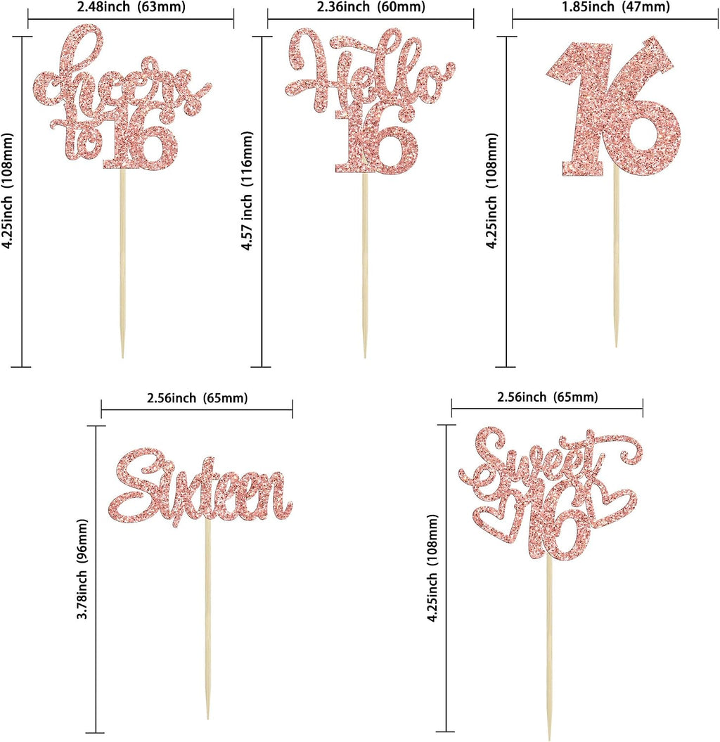 30Pcs 16th Birthday Cupcake Toppers Sixteen Happy 16th Cupcake Picks Cheers to 16 Sweet 16 Cake Decorations for Anniversary Party Supplies Rose Gold Glitter