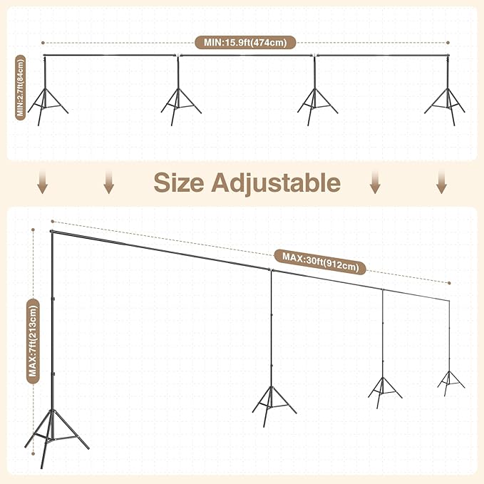 EMART Backdrop Stand, 30x7ft(WxH) Large Adjustable Background Support System with 308° Angle Rotatable Connector, 12 Clamps, 4 Sandbags and Carry Bag for Paties, Wedding, Photography Studio, Video