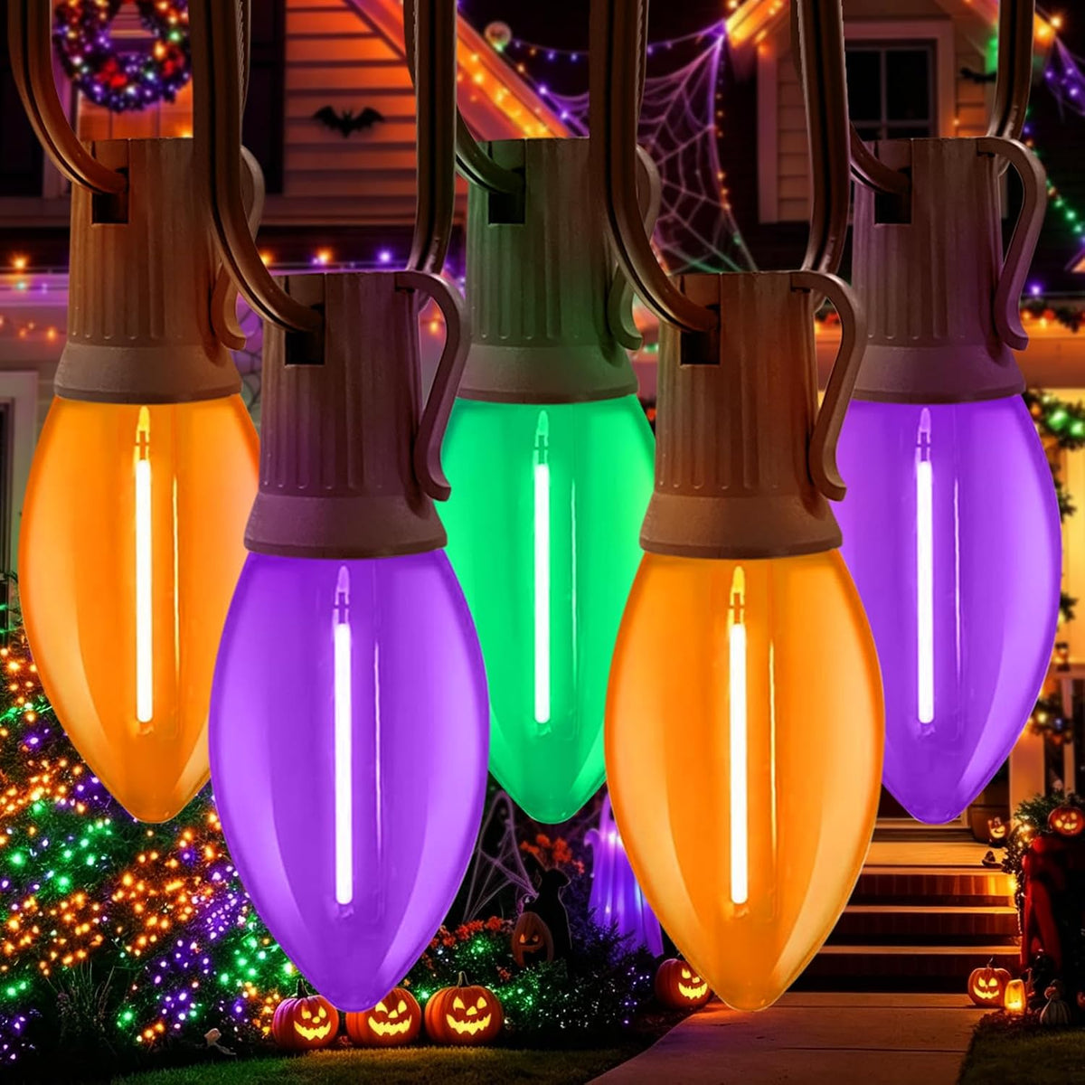 LAMPHOME C9 25FT 25 LED Orange Purple Green Halloween Lights, Vintage String ...
