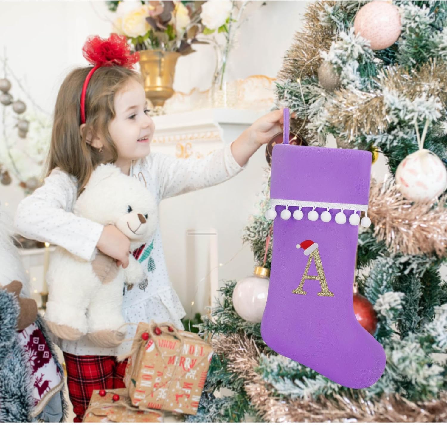 Personalized Christmas Stocking - 19 Inch Purple Velvet Stockings, Embroidery Initial with White Pom Pom Trim, Holiday Fireplace Mantel & Xmas Party Decor, Letter A