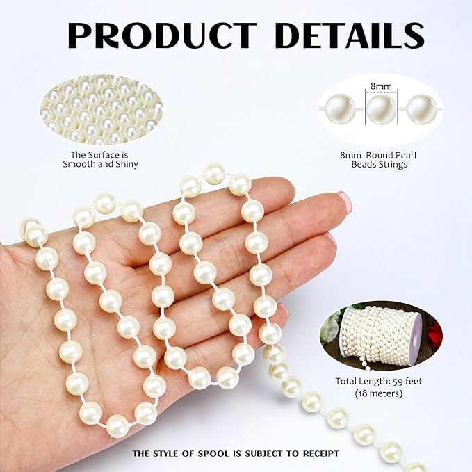 59 Feet 8mm Pearl Strings Garland for Crafts, Artificial Pearl Beaded Trim Chain Roll Strands for Wedding Centerpieces Bouquet Party Decoration Christmas Tree Garland, Ivory