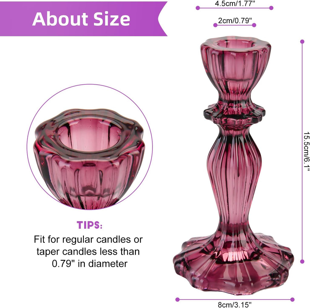 Glass Candle Holders, 2PCS Wide Base Candlestick Holder Decorative Candle Stand Table Centerpieces for Halloween Christmas Wedding Birthday Party, Dark Purple