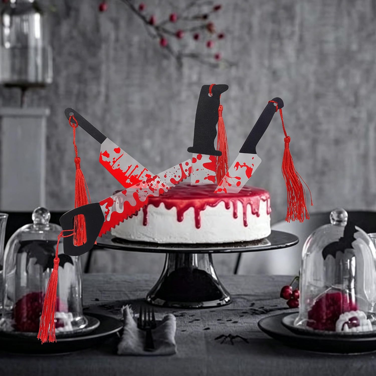 Rsstarxi 4 Pack Halloween Cake Topper Acrylic Blood Knife Cake Topper Have a Killer Horror Birthday Decorations for Halloween Party Decorations Supplies