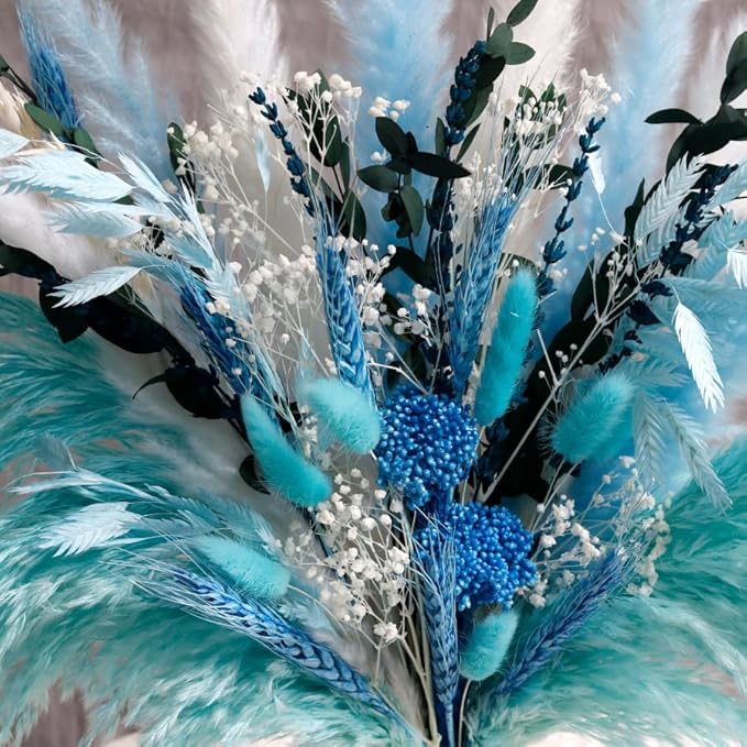 Blue Dried Flowers Bouquet with Pampas Grass - Boho Home Decor and DIY Floral Arrangements for Bedroom, Office, and Wedding Centerpieces