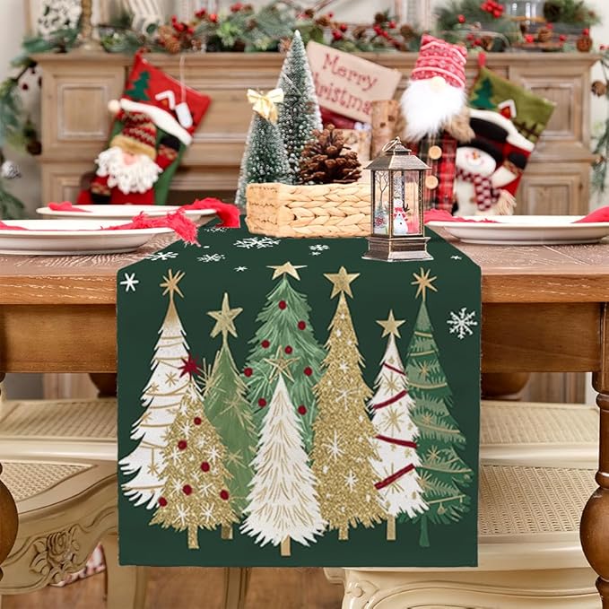 GEEORY Christmas Table Runner 13x90 Inch, Xmas Trees Snowflakes Holiday Decorative Farmhouse Table Decoration for Kitchen Dinning, Indoor Outdoor Dinner Party Decor (Green) GT152-90