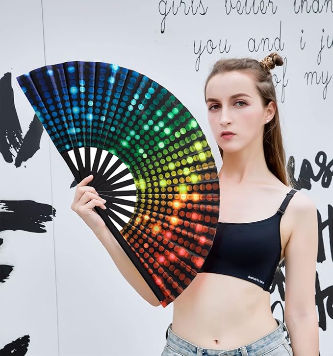 Amajiji Rave Folding Hand Fan Popping Fans for Line Dancing, Large Clacking Fans Clap Fan for Boots On The Ground Dance,Party,Decoration,Festival (Dj Light)
