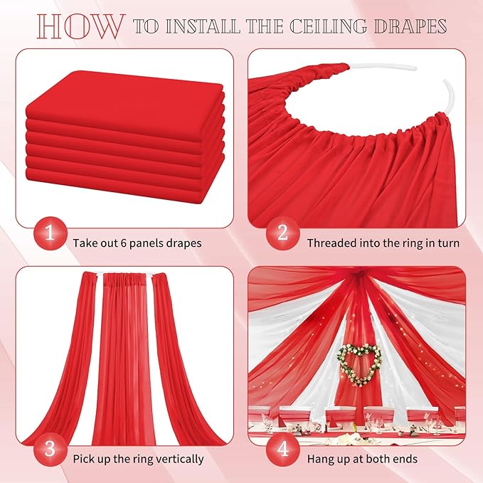 6 Panels Red Ceiling Drapes for Wedding 5ftx20ft Chiffon Fabric Arch Draping Curtains Sheer Drapery for Party Ceremony Birthday Baby Shower Reception Stage Swag Ceiling Decorations