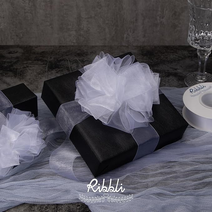 Ribbli White Sheer Organza Ribbon,1-1/2 Inches x Continuous 50 Yard Use for Gift Wrapping,Bouquet Wrapping,Wedding Decoration,All Crafting and Sewing