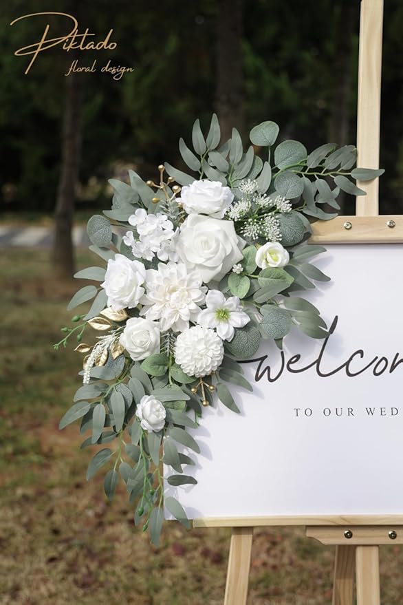 Faux Flower Swag Set of 2 for Wedding Welcome Signs Floral Swag Wedding Reception Ceremony Signs Decor (A-White)