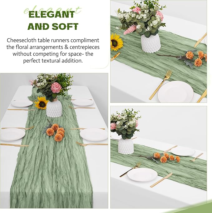 Aktor 12 Pack Sage Green Table Runner Boho Cheesecloth Table Runner Semi Sheer Gauze Fabric Runners for Wedding Birthday Baby Shower Party Boho Table Decoration（Sage Green）