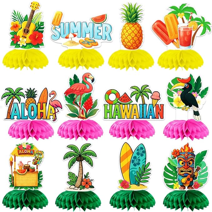 12Pcs Summer Honeycomb Hawaii Table Centerpieces Luau Aloha Table Toppers Tiki Honeycomb Centerpieces Tropical Flamingo Table Decorations for Beach Pool Luau Birthday Wedding Party