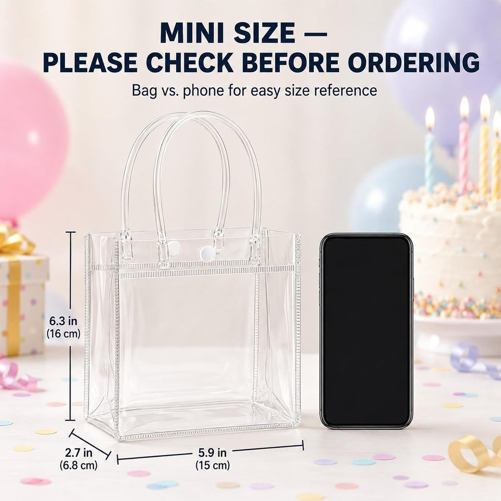 MAQIHAN Clear Gift Bags with Handles - Party Favor Candy Bags Transparent | 10 Plastic Goodie Bags, bolsitas for Valentines, Mother's Day, Christmas, Baby Shower, Wedding, Birthday, Mini 5.9'' x 6.3''