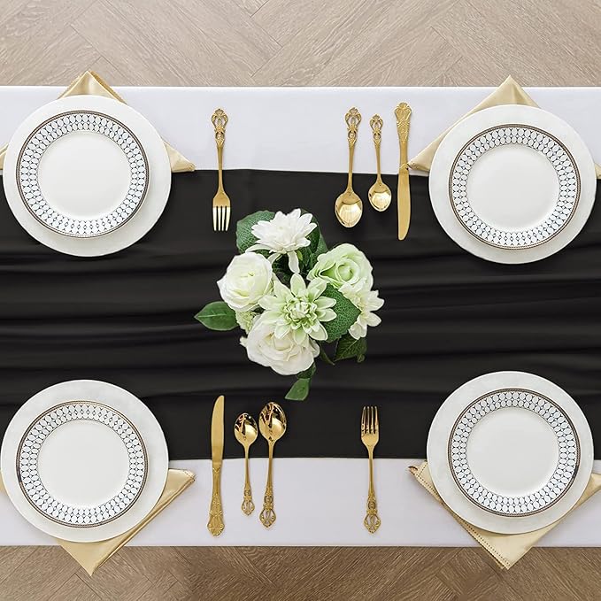 2 Pack 10 Ft Chiffon Table Runner Black Gauze Long Table Runners 27x120 Inches Sheer Tulle Table Runner for Rustic Wedding Reception Bridal Shower Decorations Birthday Party