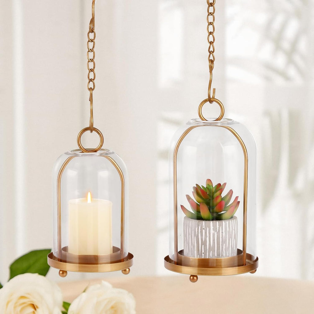 Vintage Brass Metal Candle Lantern with Thick Glass Dome – Set of 2 Shabby Chic Style Candle Holders (5.25"x10" & 4.5"x7.87") – Hanging or Tabletop Decor for Pillar Candles, Plants