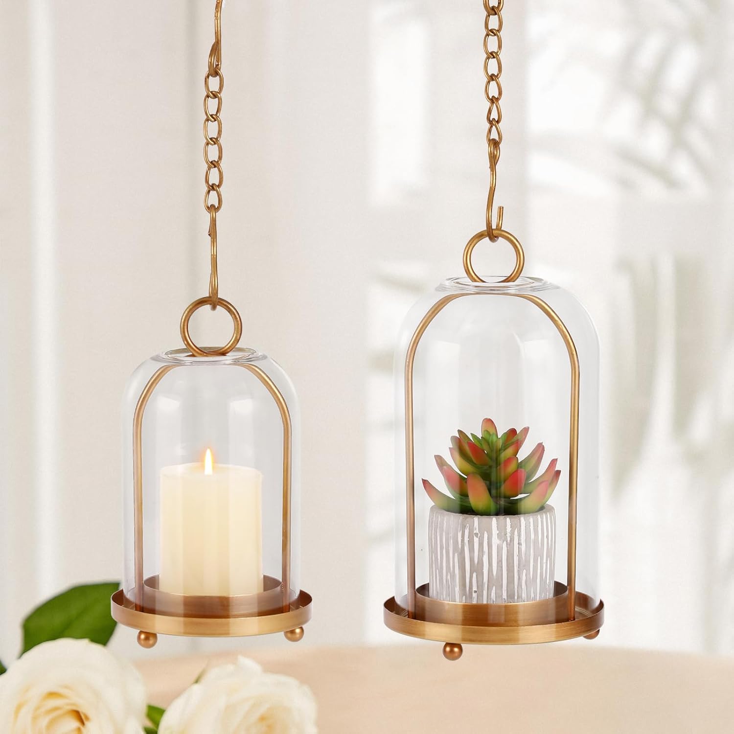 Vintage Brass Metal Candle Lantern with Thick Glass Dome – Set of 2 Shabby Chic Style Candle Holders (5.25"x10" & 4.5"x7.87") – Hanging or Tabletop Decor for Pillar Candles, Plants