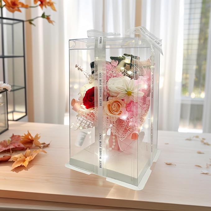 Preserved Flowers Bouquet Romantic Valentines Day Gift for Her LED Light 3 Preserved Real Rose for Delivery Christmas Mothers Day Birthday Gifts for Women Mother Wife Girlfriend (Pink)