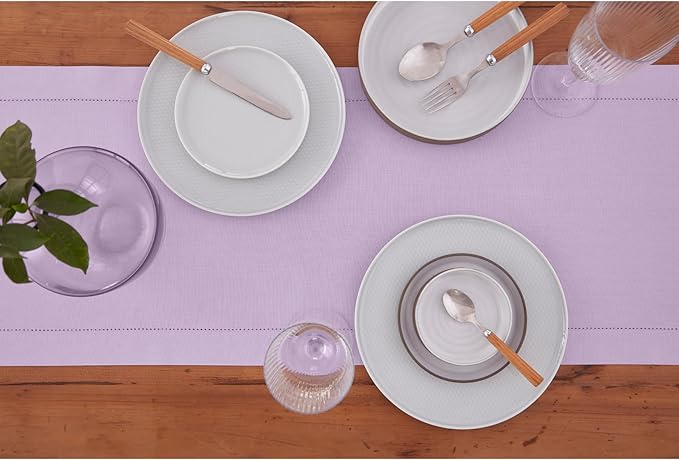 Solino Home Cotton Linen Table Runner 60 Inches - Lavender Ice Hemstitch Table Runner 14 x 60 Inch Ideal for Dresser and Coffee Tables