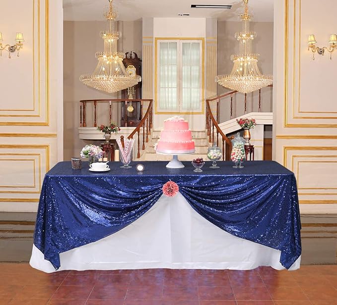 SquarePie Sequin Tablecloth Rectangular 60 x 102 Inch Navy Blue Sparkly Table Linen for Wedding Party