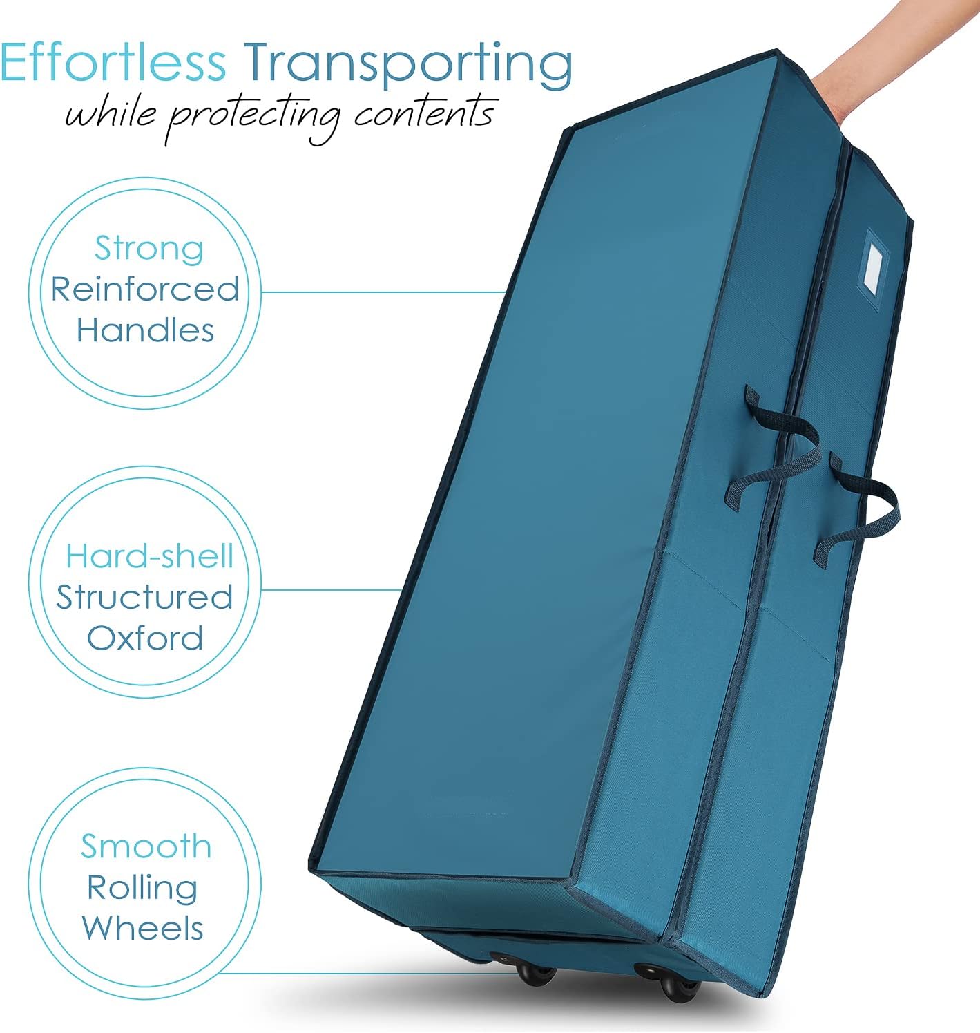 Hearth & Harbor Wrapping Paper Storage Container with Ribbon Dispenser and Interior Pockets - Large Christmas Storage Containers with Wheels, Fits 30 Rolls of 40" Length, Blue