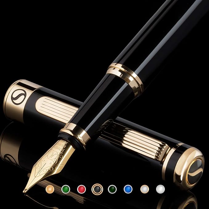 Scriveiner Personalized Black Fountain Pen - Stunning Luxury Pen, Jet Black Lacquer, Real Gold Plating, German Schmidt Nib (Medium), Best Engraved Gift Set for Men & Women, Name Engraving