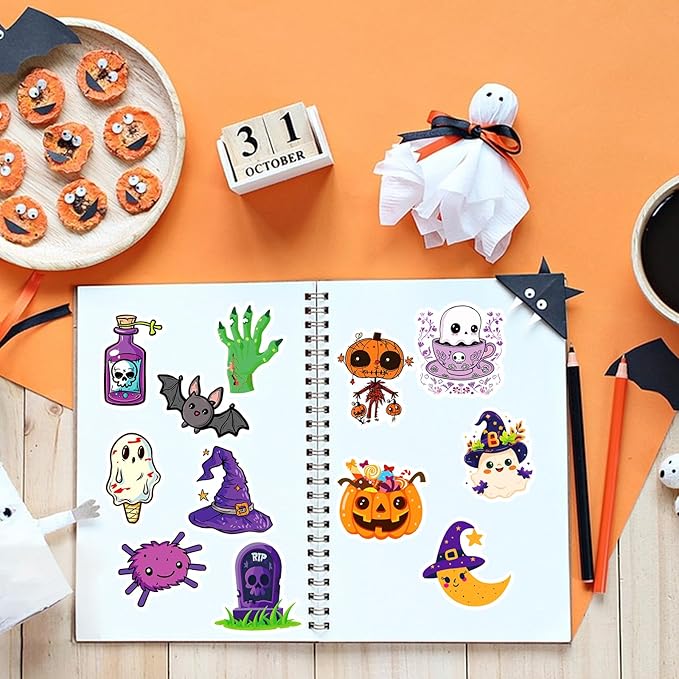 XZENTIRA, 100 PCS Halloween Stickers for Kids Teens Adults, Halloween Cartoon Pumpkin Themed Stickers, Vinyl Waterproof Holiday Party Stickers, Halloween Holiday Party Favors Gifts
