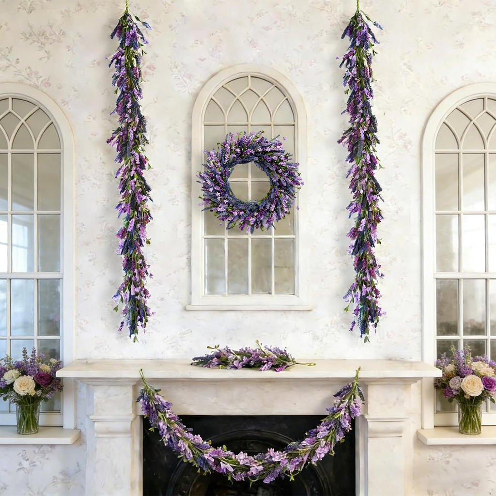 purple lavender flower garland for mantle & fireplace showing dimensions