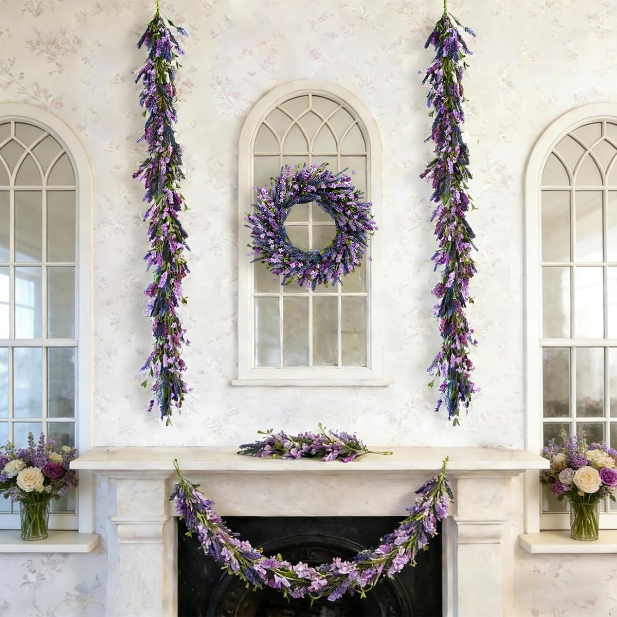 purple lavender flower garland for mantle & fireplace showing dimensions
