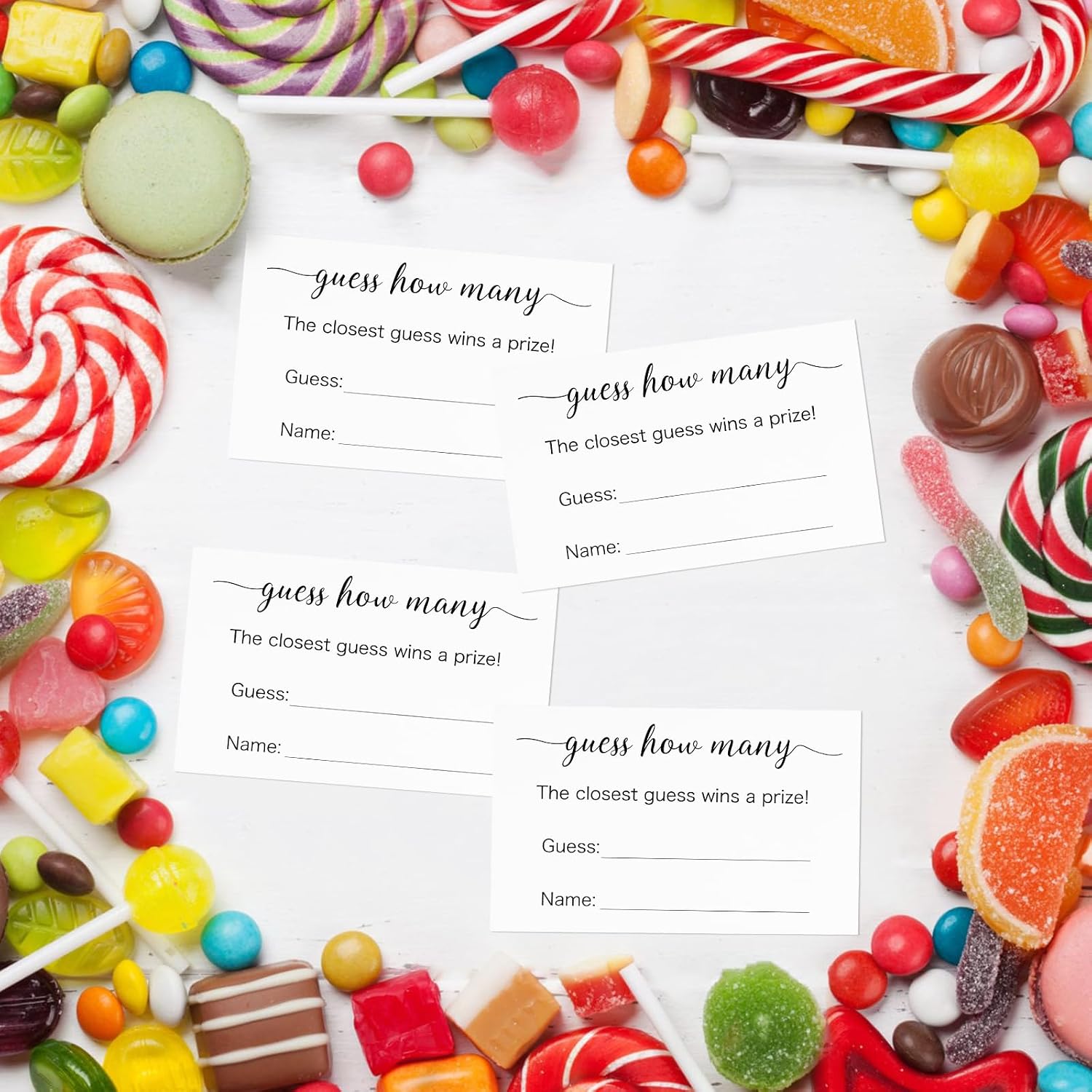 Anwyll Guess How Many Game Cards 50Pcs Guess How Many Baby Shower Games Cards High-End Candies Cookies Guess How Many Game Card for Birthday Party Bridal Shower Wedding Activity(3.5×2.1'')