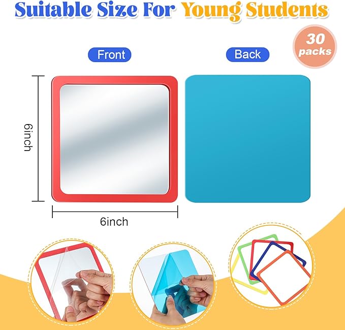 Dandat 30 Pcs Small Mirrors for Kids 6 x 6 Inch Square Shatter Proof Reflector Toddler Glass Plastic Reflector for Classroom DIY Craft Preschool Facial Expression (Fulgent Colors)