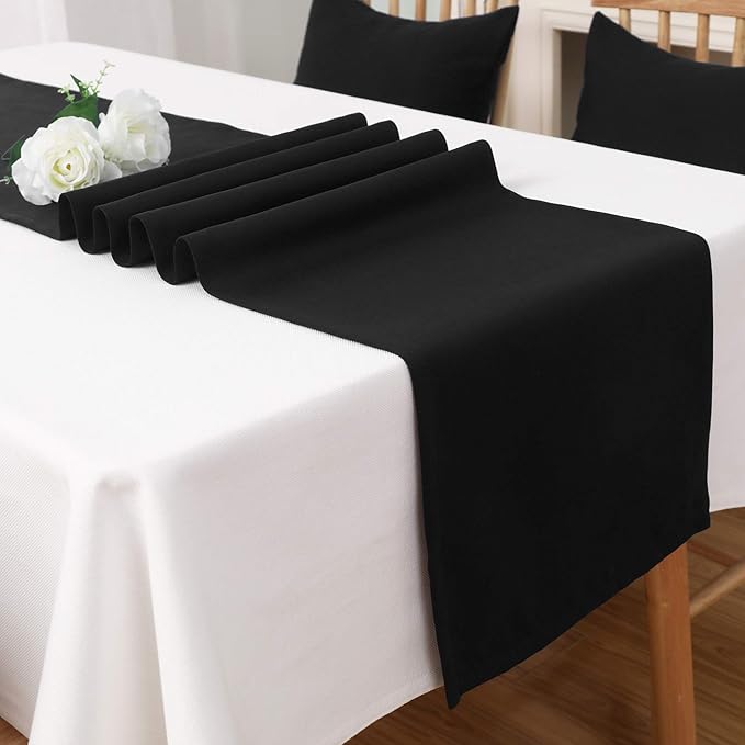 DUALIFE Jet Black Table Runner 14x72 inch Solid Color Thick Polyester Decorative Cloth Handcrafted for Wedding Party Birthday Graduations Banquet,Restaurant & Outdoors 2 Pieces