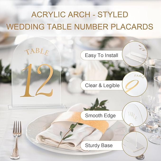Wedding Table Numbers 1-15 Clear Acrylic Seating Number Signs for Weddings Reception Anniversary Party Decor Seat Number for Tables with Elegant Gold Lettering