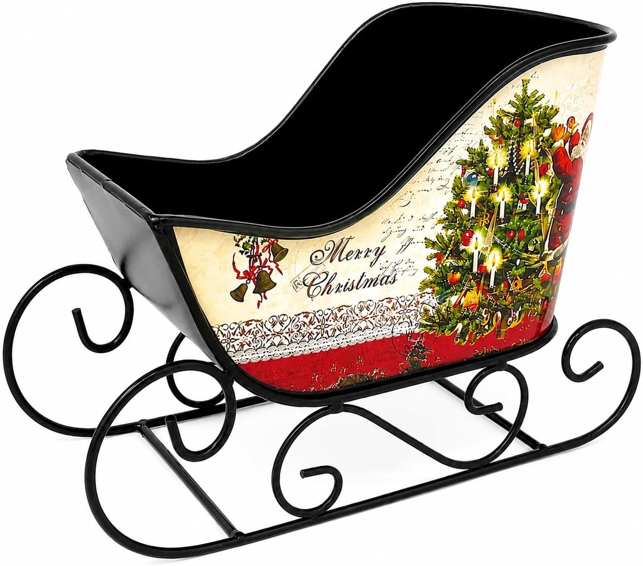 Christmas Sleigh Metal Ornament Small Candy Storage Gift Tabletop Centerpiece Mantel Fireplace (Multicolor Merry Christmas)