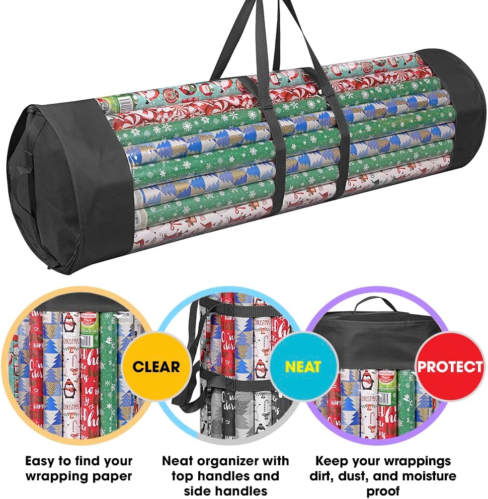 ProPik Wrapping Paper Organizer Storage Bag for All Your Gift Wrap & Ribbons, Fits Long 40 Inch Rolls, Hold Up To 24 Rolls, Heavy Duty Clear PVC Bag with Handles (Black & Clear)