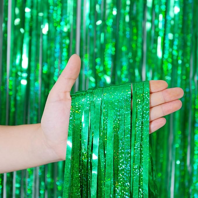 Foil Fringe Curtains April fool's Day Decorations - Melsan 3 Pack 3.2 x 8.2 ft Green Tinsel Curtain Party Photo Backdrop for Birthday Party Baby Shower or Graduation Decorations