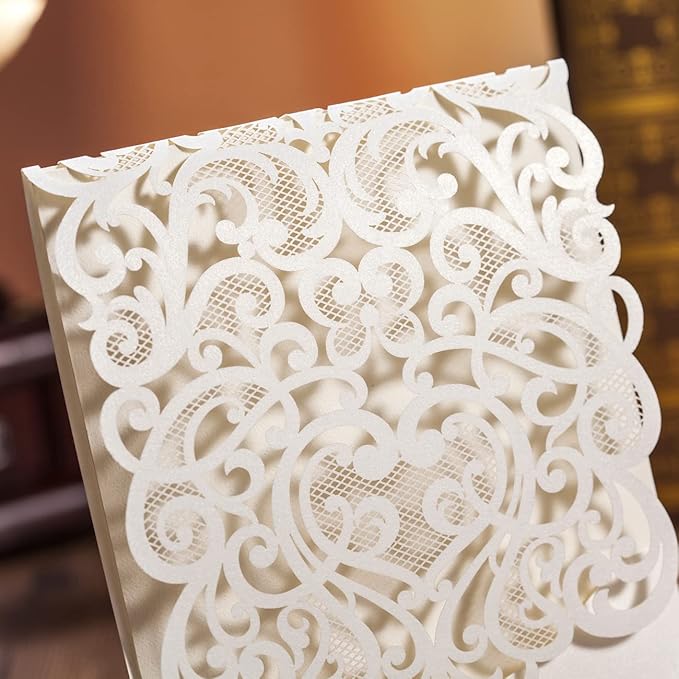 Hosmsua 50PCS White Wedding Invitations Kit 5 x 7.3 Inch Laser Cut Hollow Rose Rhinestone Pocket with Envelope for Quinceanera Bridal Shower Invite (White Ivory)