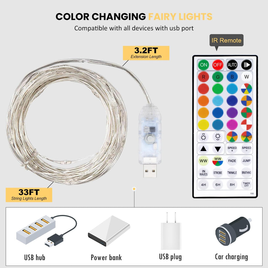 Fairy Lights USB Plug in 33ft 100LEDs with Remote, Warm White 20 Color Changing Light Twinkle Firefly String Lights for Bedroom Party Wedding Christmas Tapestry, Multicolor Colors