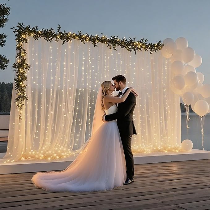 10×10ft Tulle Backdrop Curtains with Lights String - 300LED Fairy Lights Sheer Curtain Backdrop for Weddings Baby Shower and Birthday Party Decorations(6 Panels 5×10ft)