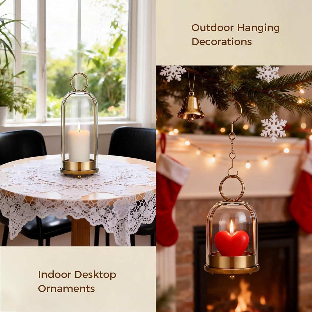 5"&4" Hurricane Glass Candle Holders, Hanging Brass Metal Candle Holder for Pillar Candles Table Coffee Table Decor Interior Decoration