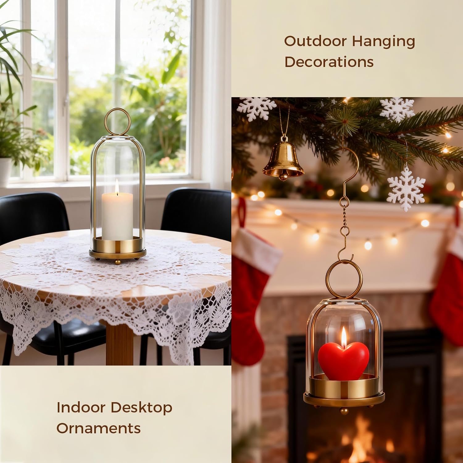 5"&4" Hurricane Glass Candle Holders, Hanging Brass Metal Candle Holder for Pillar Candles Table Coffee Table Decor Interior Decoration