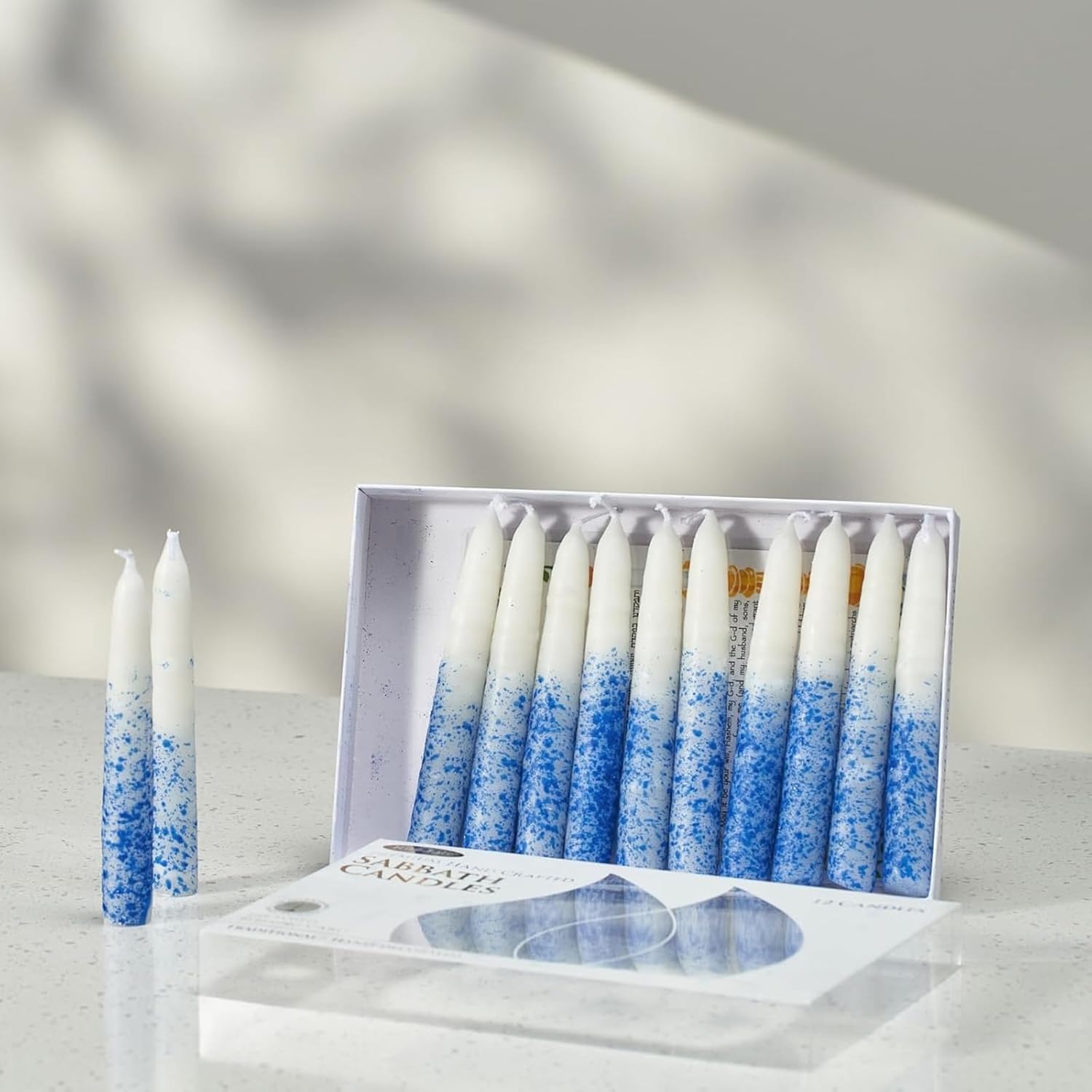 Rite Lite Blue & White Shabbat Candles Premium 12 Pack Traditional Dinner Table Jewish Household Shabbos Candles Religious Home Decor with Beautiful Gift Box & Artistic Card