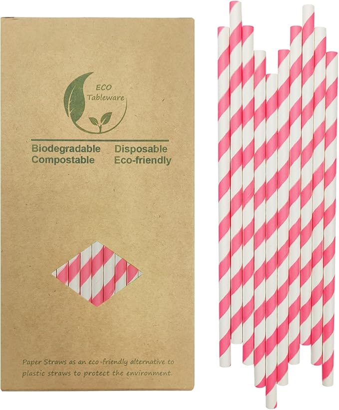 Disposable White and Pink Striped Paper Straws, Hot Pink Swirl Straw Pastel Princess Drinking Straws for Valentines Birthday Wedding Party Suppliers (7.75 Inches, Box of 100)