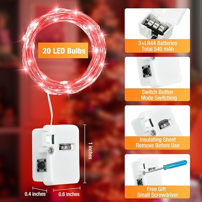 6 Pack Fairy Lights Battery Operated - 7ft 20 Led Twinkle Lights 3 Modes, Bulk Mini String Lights Waterproof for Mason Jars Vases DIY Party Wedding Decoration Christmas - Red
