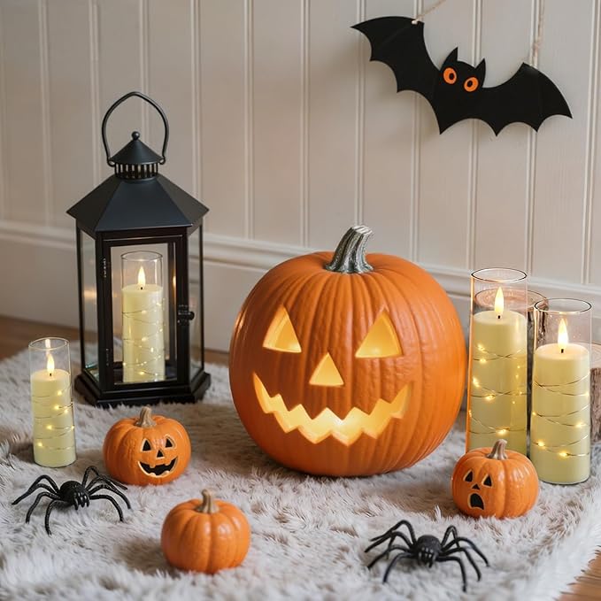 Raycare Flameless Candle with Remote Timer – 9 Flickering Acrylic Battery Operated LED Pillar Candles with Embedded Star String for Halloween, Home Decor, and as a Gift (Ivory)