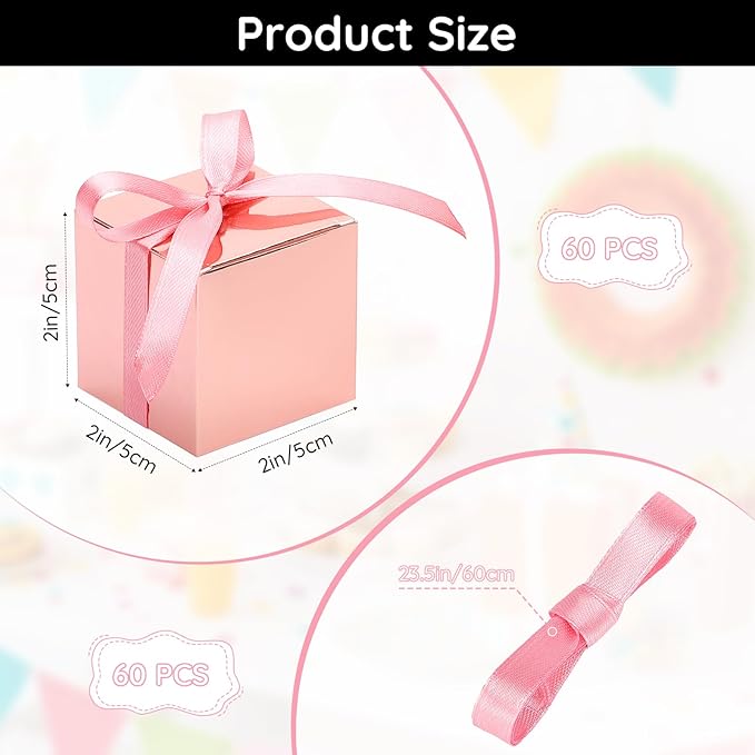 EUSOAR Candy Boxes Party Favors, 60pcs 2x2x2 Inches Small Gift Boxes Wedding Candy Box with Ribbons, Mini Bakery Cookies Box Square Chocolate Containers for Anniversary Bridal Party Favor Decoration